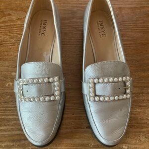 Silver Leather with Pearl Buckle Loafers